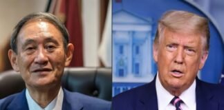 Yoshihide Suga talks to Trump