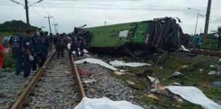 17 killed, 30 injured in a train and bus collision in Thailand