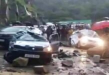 Rocks falling from mountain crushed two cars