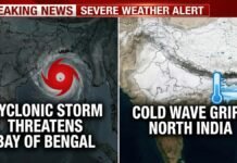 create an Image in 16:9 format for 'Cyclonic Storm Threatens Bay of Bengal, Cold Wave Grips North India'