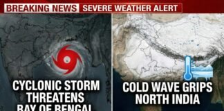 create an Image in 16:9 format for 'Cyclonic Storm Threatens Bay of Bengal, Cold Wave Grips North India'