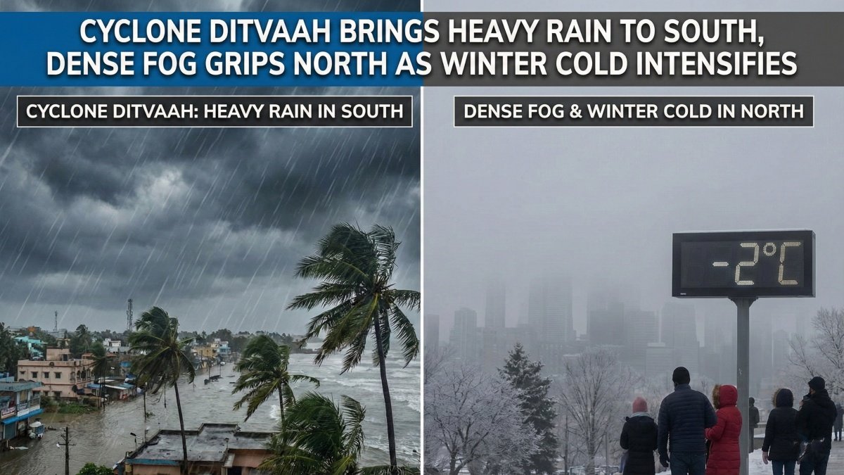 Cyclone Ditvaah Brings Heavy Rain to South, Dense Fog Grips North as Winter Cold Intensifies