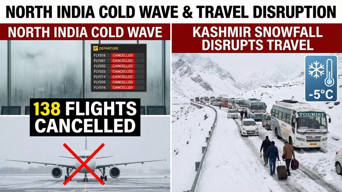 North India Cold Wave: 138 Flights Cancelled, Kashmir Snowfall Disrupts Travel