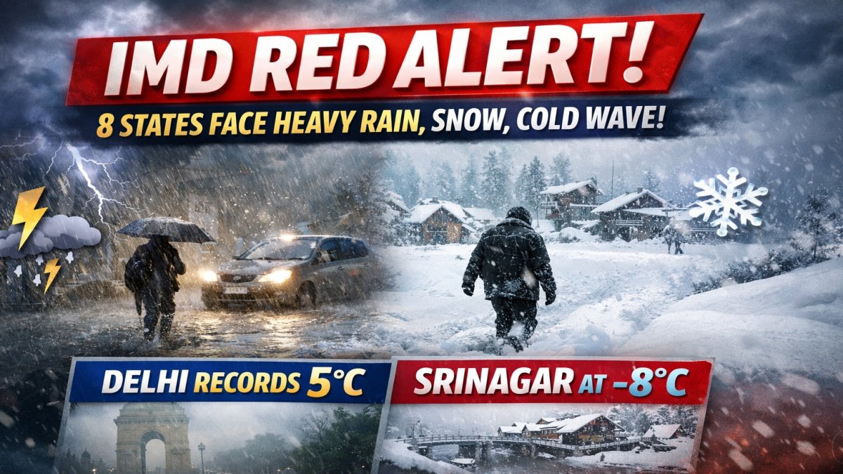 IMD Red Alert: 8 States Face Heavy Rain, Snow, Cold Wave; Delhi Records 5°C, Srinagar at -8°C
