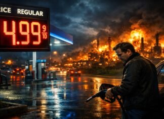 US gas station at nigh