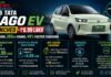 Promo banner for Tata Tiago EV launch: white hatchback on a city backdrop with bold 'TIAGO EV' and 'LAUNCHED' headlines and feature panels on price, charging, safety, and warranty.