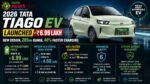 Promo banner for Tata Tiago EV launch: white hatchback on a city backdrop with bold 'TIAGO EV' and 'LAUNCHED' headlines and feature panels on price, charging, safety, and warranty.