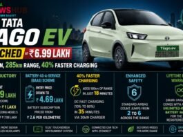 Promo banner for Tata Tiago EV launch: white hatchback on a city backdrop with bold 'TIAGO EV' and 'LAUNCHED' headlines and feature panels on price, charging, safety, and warranty.