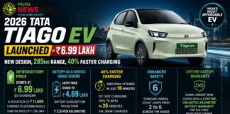 Promo banner for Tata Tiago EV launch: white hatchback on a city backdrop with bold 'TIAGO EV' and 'LAUNCHED' headlines and feature panels on price, charging, safety, and warranty.