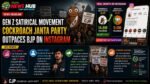 Satirical infographic showing Cockroach Janta Party outranking BJP on Instagram, with follower counts and key talking points in a news-style banner.