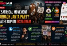 Satirical infographic showing Cockroach Janta Party outranking BJP on Instagram, with follower counts and key talking points in a news-style banner.