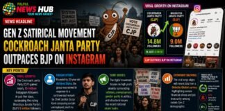 Satirical infographic showing Cockroach Janta Party outranking BJP on Instagram, with follower counts and key talking points in a news-style banner.