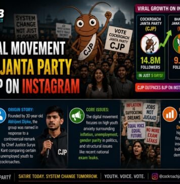 Satirical infographic showing Cockroach Janta Party outranking BJP on Instagram, with follower counts and key talking points in a news-style banner.