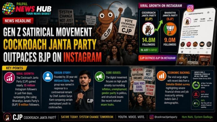 Satirical infographic showing Cockroach Janta Party outranking BJP on Instagram, with follower counts and key talking points in a news-style banner.