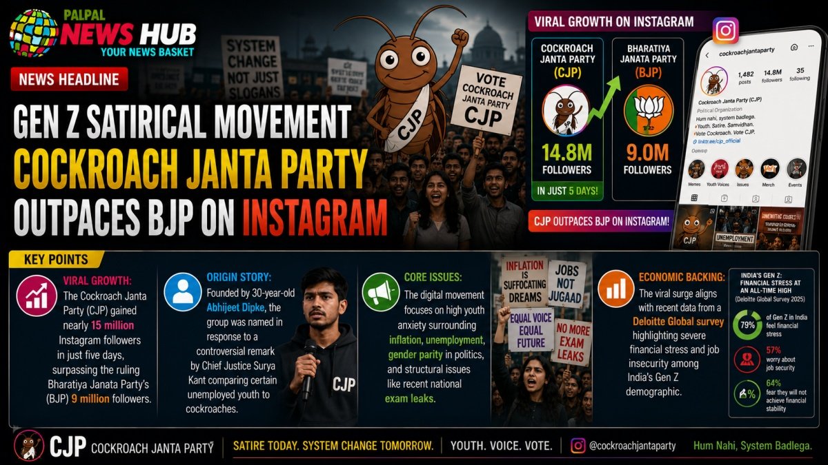 Cockroach Janta Party | PalPal News Hub | Latest National, Technology, and Astrology News Satirical infographic showing Cockroach Janta Party outranking BJP on Instagram, with follower counts and key talking points in a news-style banner.