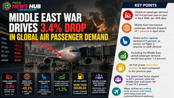 Infographic about Middle East conflict causing a 3.4% drop in global air passenger demand, with a jet at a gate and a 'Key Points' panel.