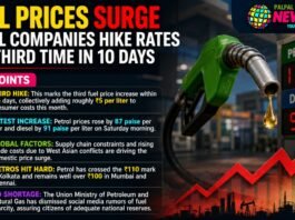 News thumbnail showing bold headline 'FUEL PRICES SURGE' with a green fuel nozzle, a rising red arrow, and a list of key points on the left side.