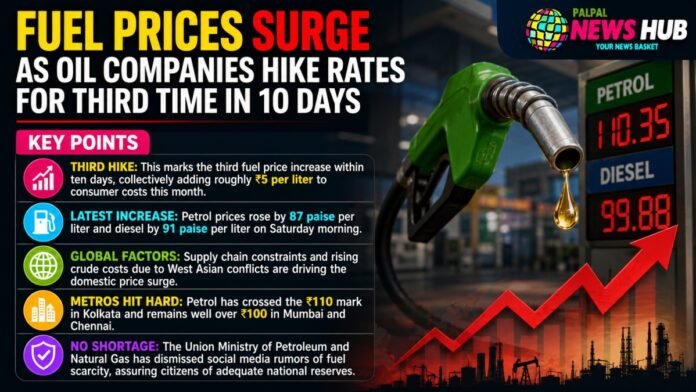 News thumbnail showing bold headline 'FUEL PRICES SURGE' with a green fuel nozzle, a rising red arrow, and a list of key points on the left side.