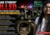 Indian Student Killed in Horrific Indiana Highway Crash Involving Severe Safety Violations Infographic poster about a fatal highway crash involving Navya Gadusu, 25, with emergency vehicles, a damaged SUV, and the student’s portrait on the right.