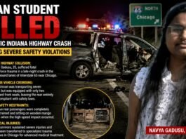 Infographic poster about a fatal highway crash involving Navya Gadusu, 25, with emergency vehicles, a damaged SUV, and the student’s portrait on the right.