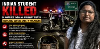 Infographic poster about a fatal highway crash involving Navya Gadusu, 25, with emergency vehicles, a damaged SUV, and the student’s portrait on the right.