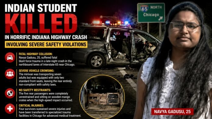 Infographic poster about a fatal highway crash involving Navya Gadusu, 25, with emergency vehicles, a damaged SUV, and the student’s portrait on the right.