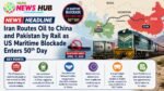 Infographic news banner about Iran routing oil to China and Pakistan by rail as US maritime blockade enters its 50th day, featuring a map and train imagery.