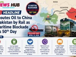 Infographic news banner about Iran routing oil to China and Pakistan by rail as US maritime blockade enters its 50th day, featuring a map and train imagery.