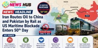 Infographic news banner about Iran routing oil to China and Pakistan by rail as US maritime blockade enters its 50th day, featuring a map and train imagery.