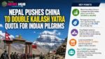 News banner: 'Nepal pushes China to double Kailash Yatra quota for Indian pilgrims' with pilgrims at a gateway and a right-side 'Key Points' panel.
