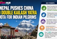 News banner: 'Nepal pushes China to double Kailash Yatra quota for Indian pilgrims' with pilgrims at a gateway and a right-side 'Key Points' panel.