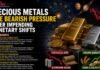 Banner announcing precious metals facing bearish pressure amid planetary shifts, with gold and silver bars and space/astrology imagery.