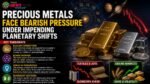 Banner announcing precious metals facing bearish pressure amid planetary shifts, with gold and silver bars and space/astrology imagery.