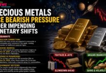 Banner announcing precious metals facing bearish pressure amid planetary shifts, with gold and silver bars and space/astrology imagery.