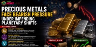 Banner announcing precious metals facing bearish pressure amid planetary shifts, with gold and silver bars and space/astrology imagery.