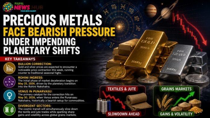 Banner announcing precious metals facing bearish pressure amid planetary shifts, with gold and silver bars and space/astrology imagery.