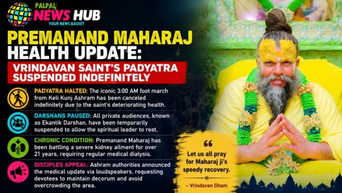 News banner about Premanand Maharaj health update with bold yellow headline and red subhead, list of updates on the left, and a man in yellow robes with yellow paint on the right.