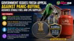Infographic about government urging against panic buying; features a gas pump, LPG cylinder, and badges with key points on fuel security and shortages.