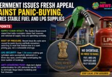 Infographic about government urging against panic buying; features a gas pump, LPG cylinder, and badges with key points on fuel security and shortages.