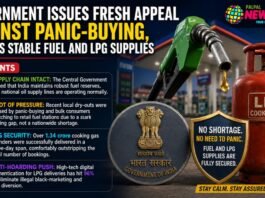 Infographic about government urging against panic buying; features a gas pump, LPG cylinder, and badges with key points on fuel security and shortages.