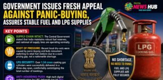 Infographic about government urging against panic buying; features a gas pump, LPG cylinder, and badges with key points on fuel security and shortages.