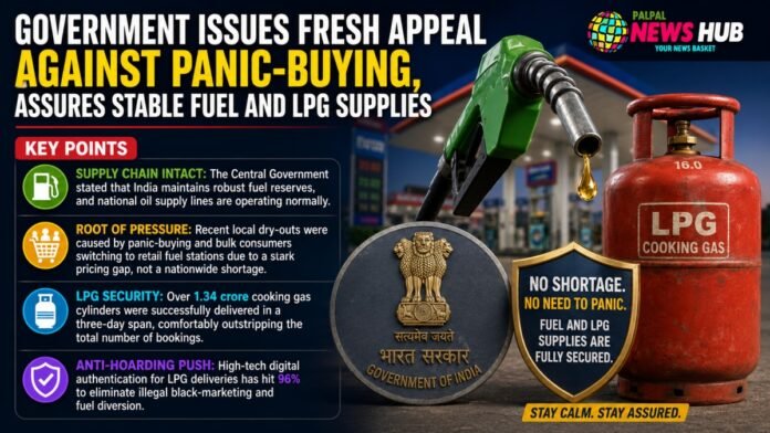 Infographic about government urging against panic buying; features a gas pump, LPG cylinder, and badges with key points on fuel security and shortages.