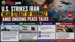 Bold news banner: 'U.S. Strikes Iran near Strait of Hormuz' with jets, ships, and four info panels on strike, peace talks, Trump, and Iran's response (informational).