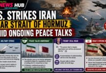 Bold news banner: 'U.S. Strikes Iran near Strait of Hormuz' with jets, ships, and four info panels on strike, peace talks, Trump, and Iran's response (informational).