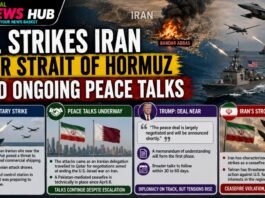 Bold news banner: 'U.S. Strikes Iran near Strait of Hormuz' with jets, ships, and four info panels on strike, peace talks, Trump, and Iran's response (informational).