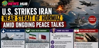 Bold news banner: 'U.S. Strikes Iran near Strait of Hormuz' with jets, ships, and four info panels on strike, peace talks, Trump, and Iran's response (informational).