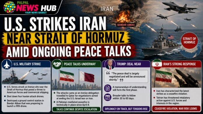 Bold news banner: 'U.S. Strikes Iran near Strait of Hormuz' with jets, ships, and four info panels on strike, peace talks, Trump, and Iran's response (informational).