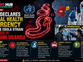 News banner reporting WHO declares global health emergency as Ebola spreads in DRC and Uganda, with map, virus imagery, and health workers present.