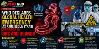News banner reporting WHO declares global health emergency as Ebola spreads in DRC and Uganda, with map, virus imagery, and health workers present.