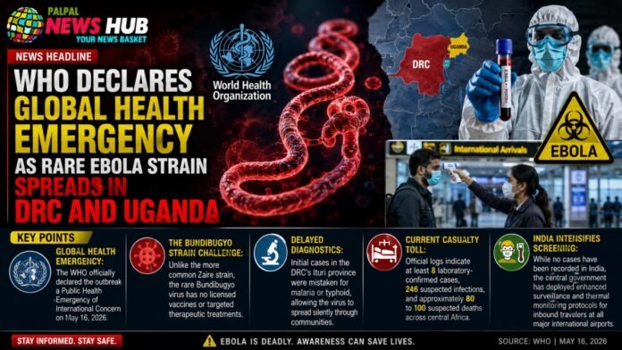 News banner reporting WHO declares global health emergency as Ebola spreads in DRC and Uganda, with map, virus imagery, and health workers present.